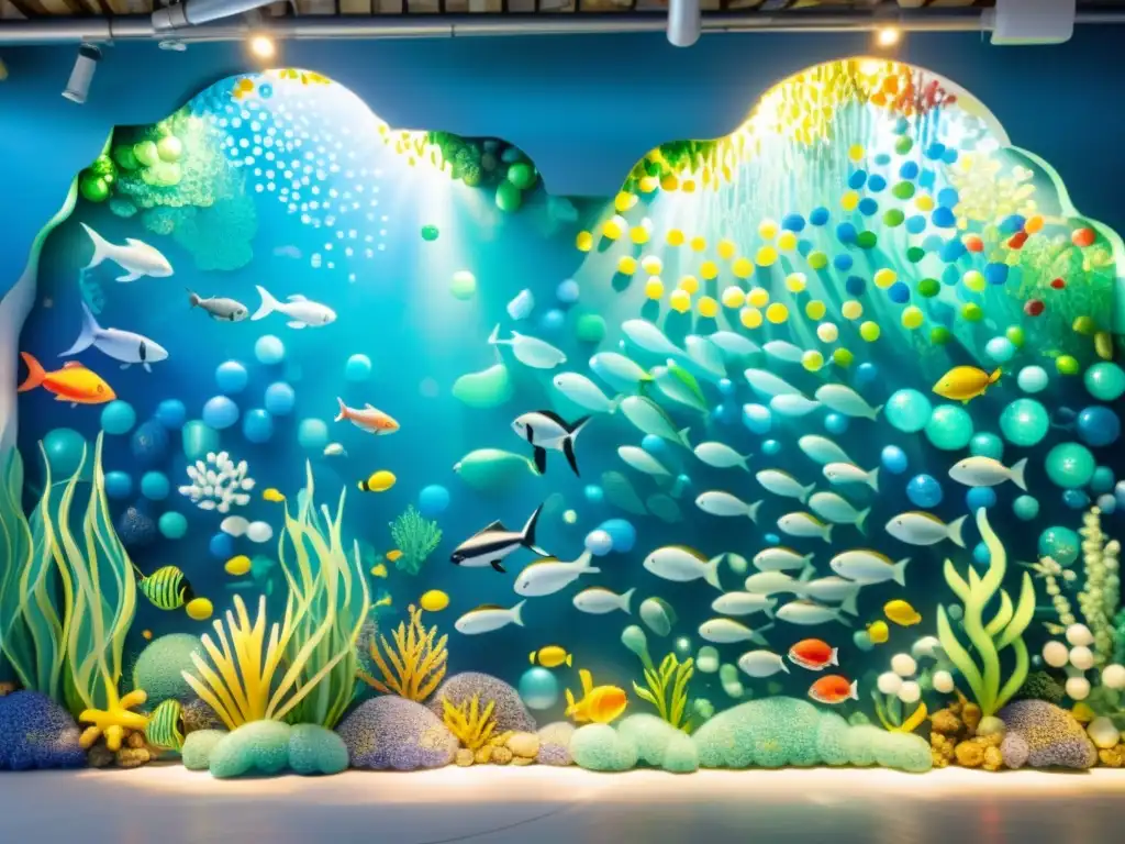 Un mural submarino vibrante creado con botellas y tapas recicladas, mostrando la creatividad de colecciones innovadoras de materiales reciclados