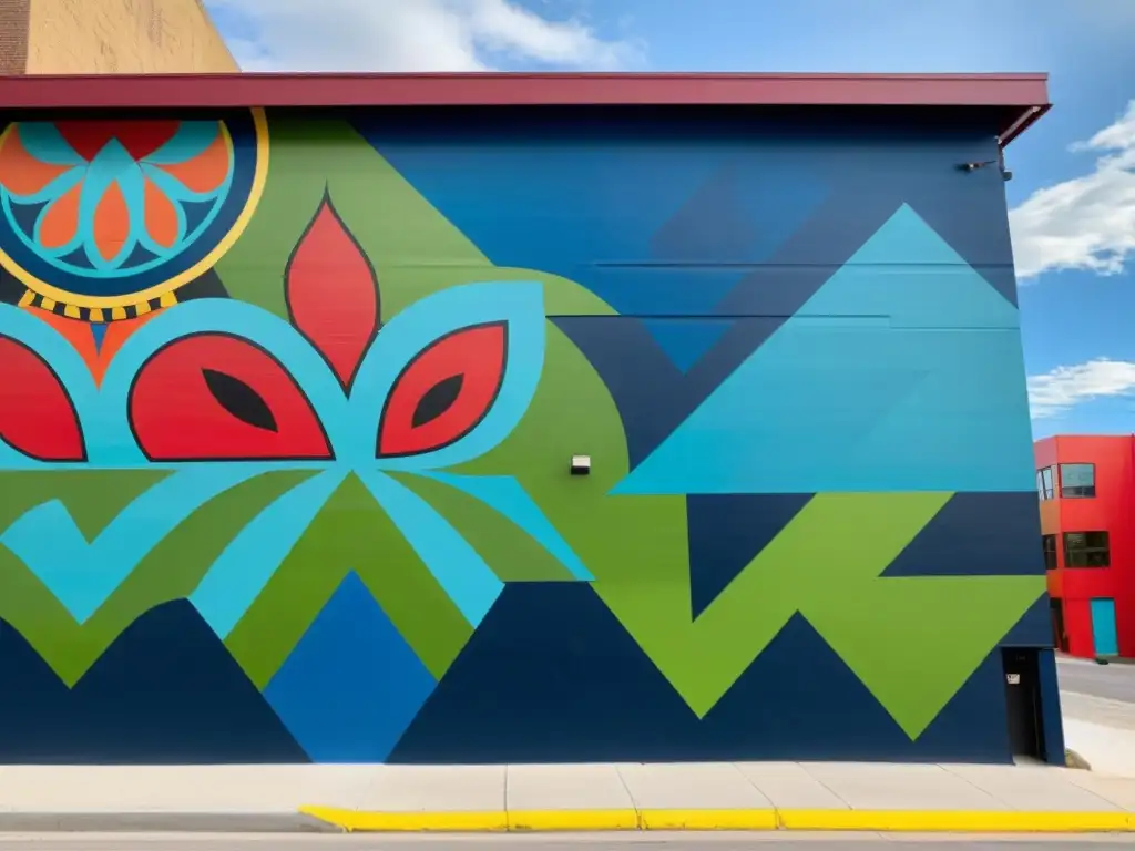 Un mural urbano que fusiona arte étnico moderno y tradición con colores vibrantes y detalles cautivadores