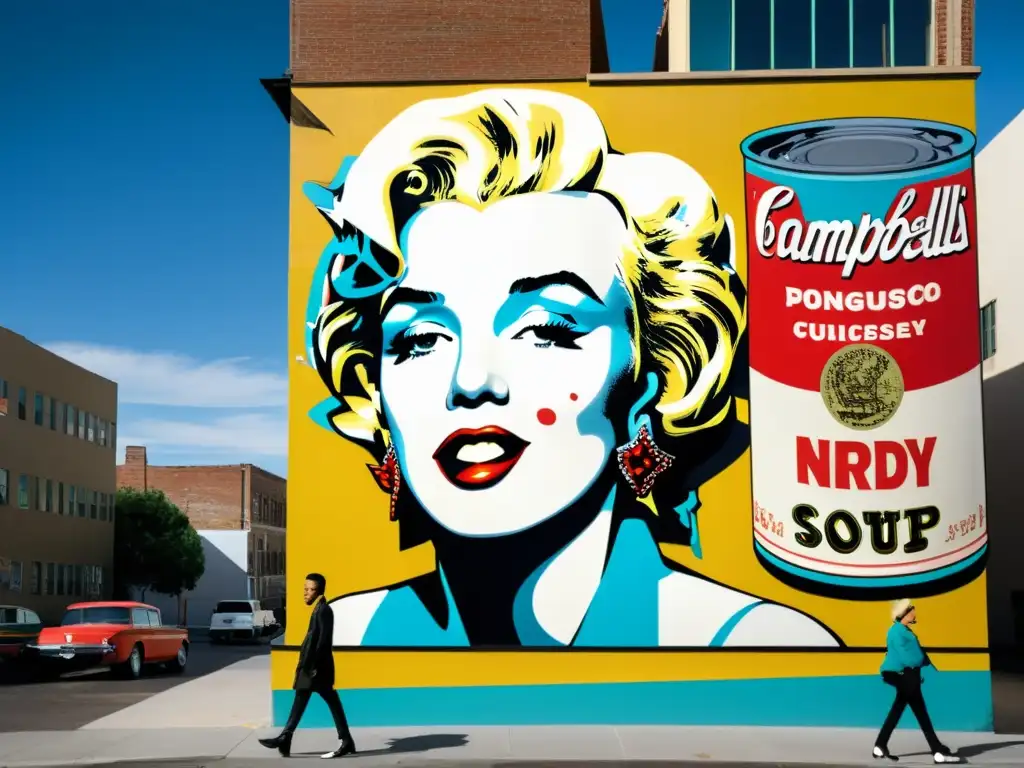 Un mural vibrante de iconos de la cultura pop como Marilyn Monroe y Elvis Presley, rodeados de grafitis y formas audaces