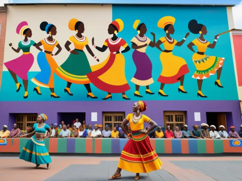 Murales de arte africano francófono con símbolos políticos en una plaza bulliciosa, capturando la esencia de la celebración cultural y comunitaria