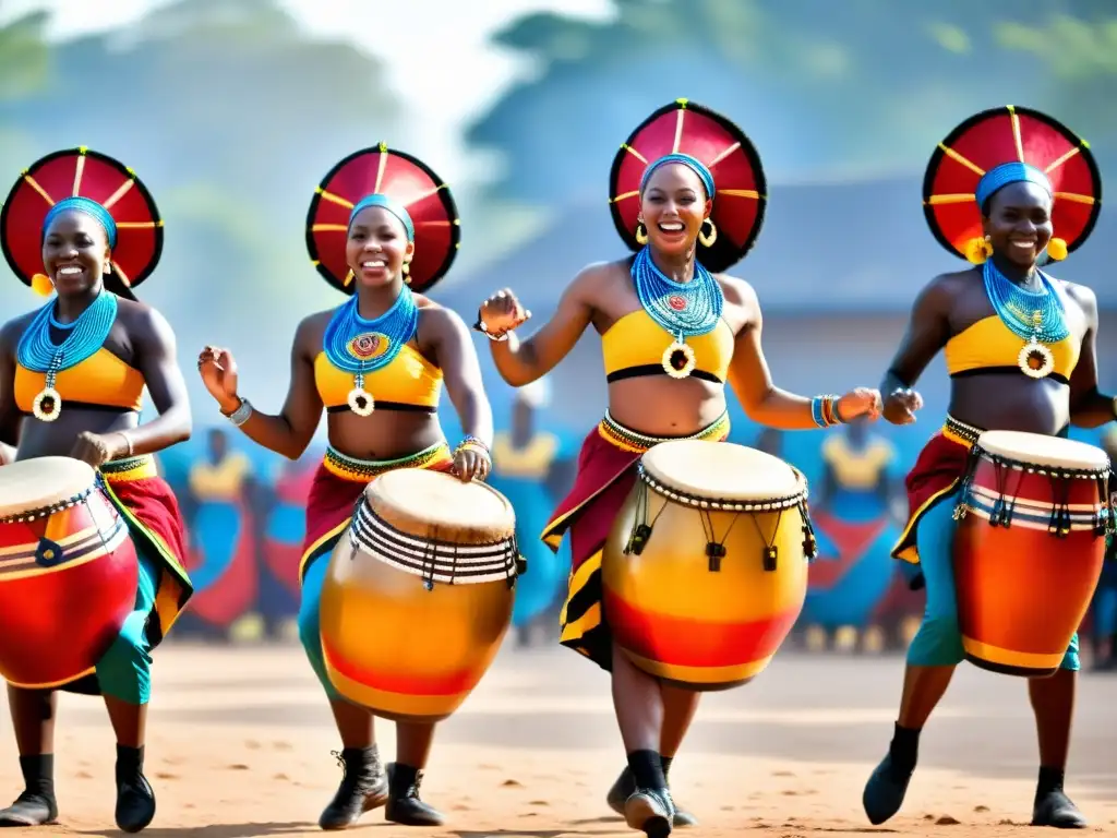 Explorando música y danza africana: Bailarines africanos vibrantes celebrando su rica herencia cultural al ritmo de los tambores bajo el cálido sol