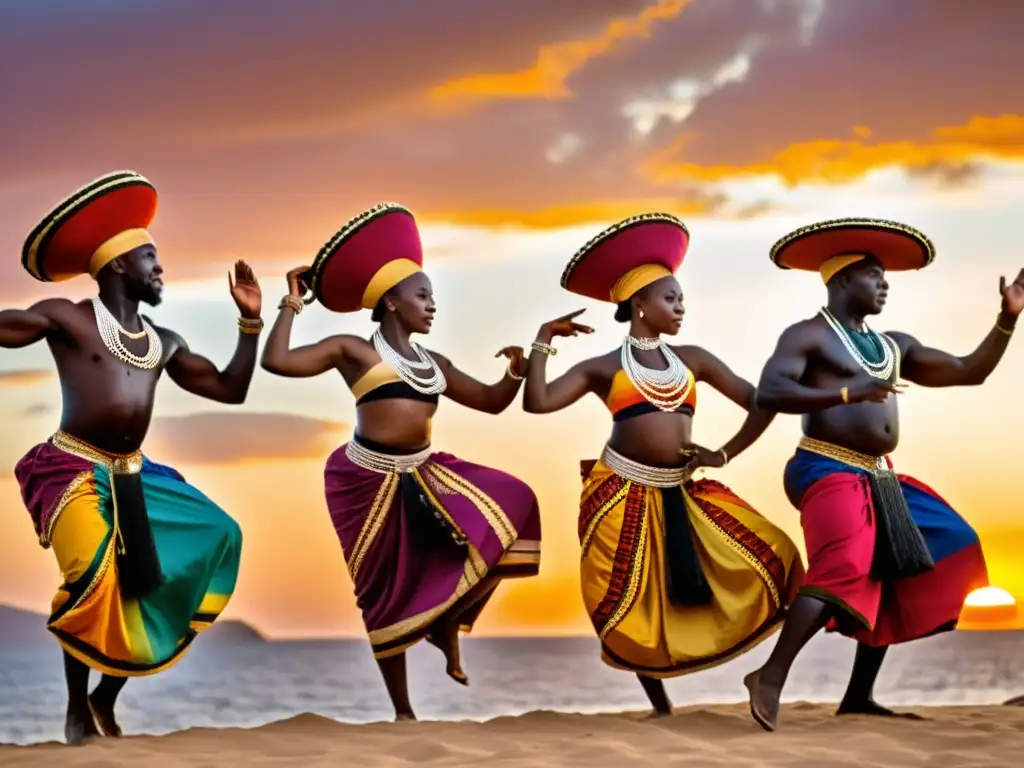 Explorando música y danza africana: Grupo de músicos y bailarines africanos bajo un vibrante atardecer, celebrando su cultura con pasión y gracia