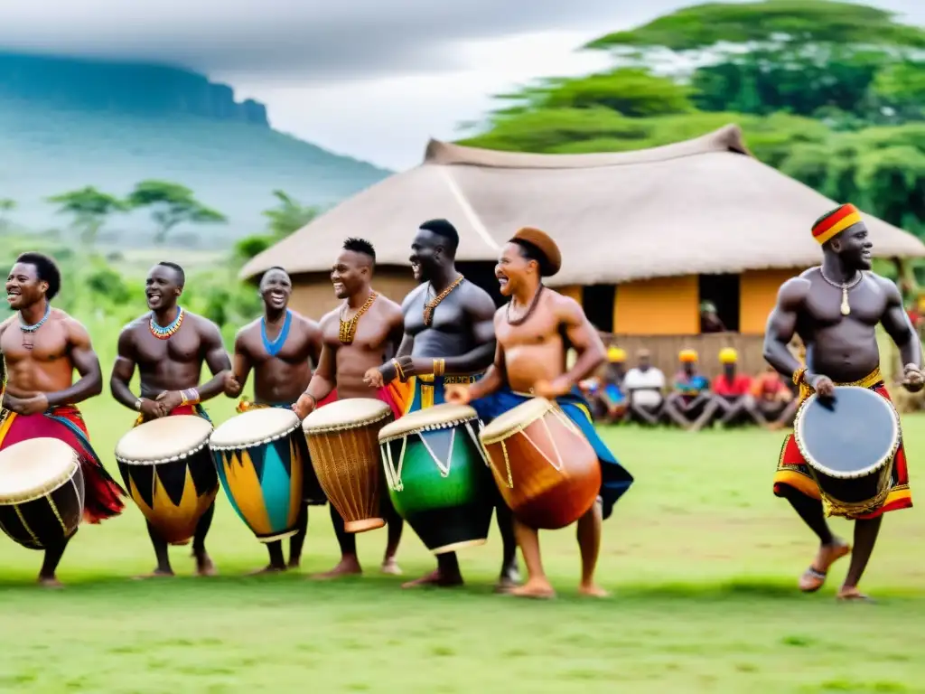 Explorando música y danza africana: Grupo de músicos y bailarines africanos, con trajes tradicionales, danzas vibrantes y música en vivo