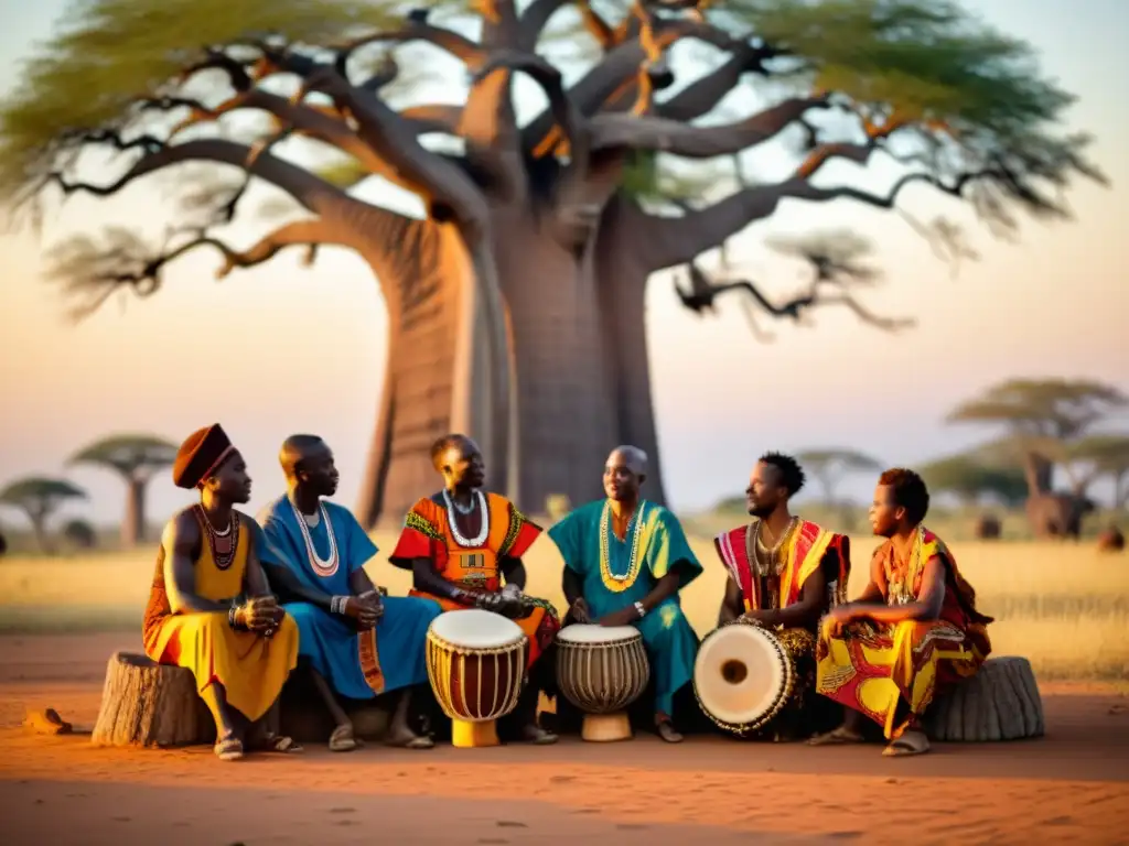 Explorando música y danza africana: Grupo de músicos africanos bajo un baobab, creando una melodía cautivadora al atardecer