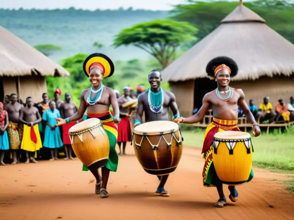 Explorando la música y danza africana en una vibrante ceremonia tradicional en un pueblo rural africano, con trajes coloridos y movimientos dinámicos