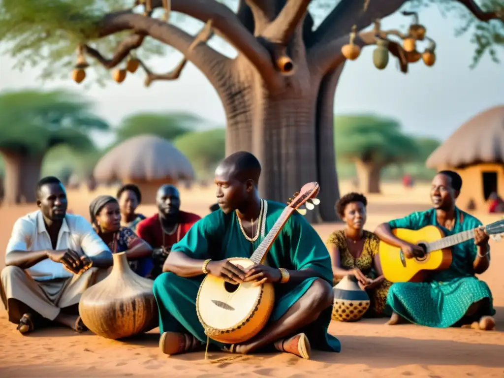 Un músico griot africano toca la kora bajo un baobab, rodeado de oyentes