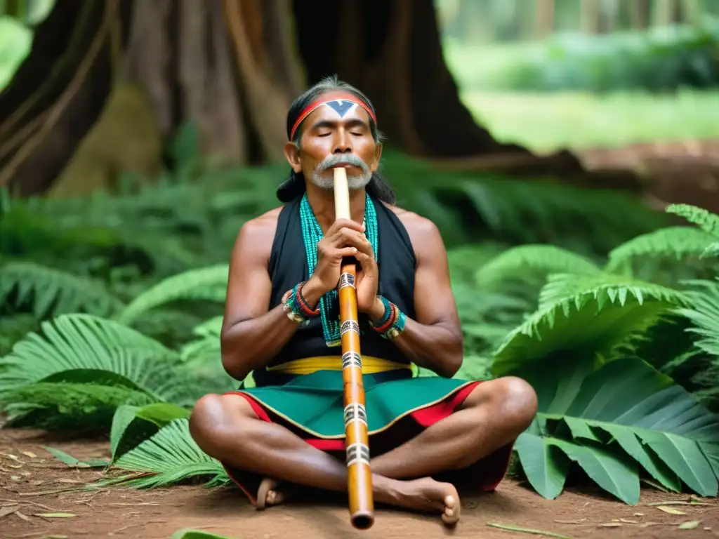 Un músico indígena toca una flauta de madera rodeado de naturaleza exuberante