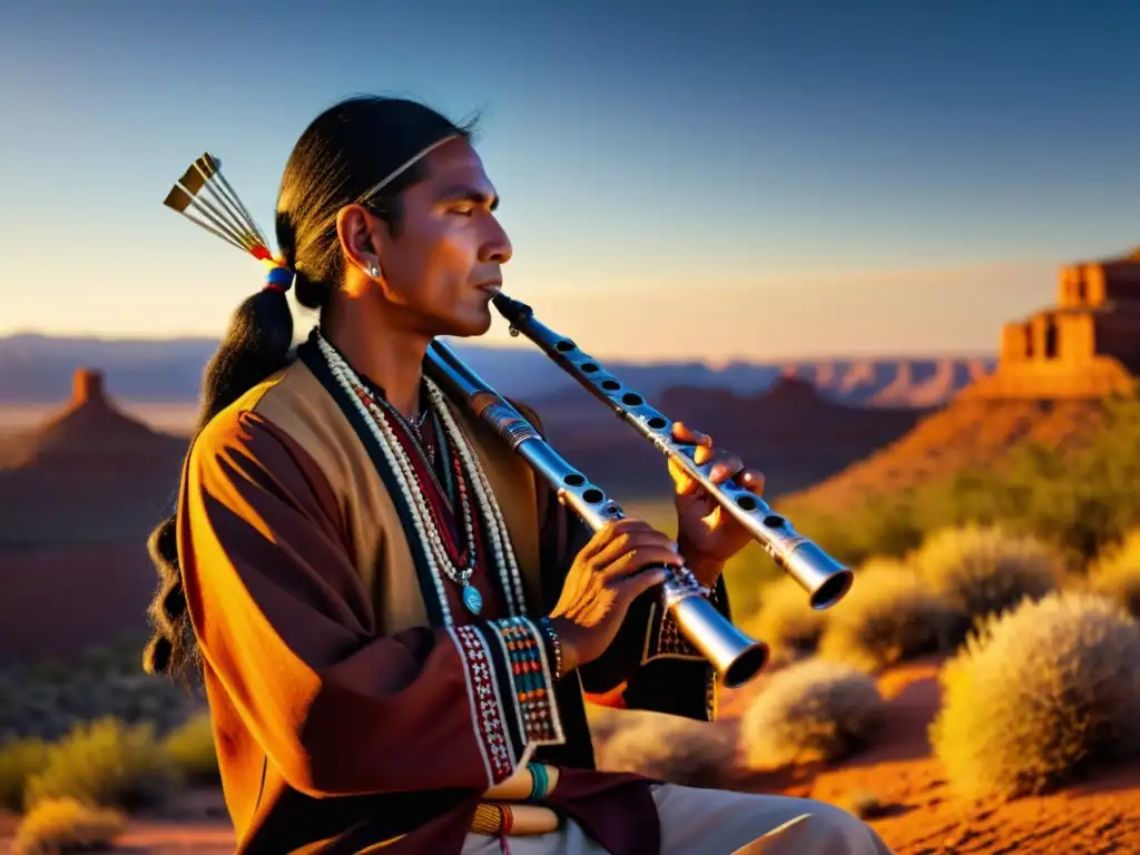 Un músico toca una flauta nativa americana en un paisaje desértico al atardecer