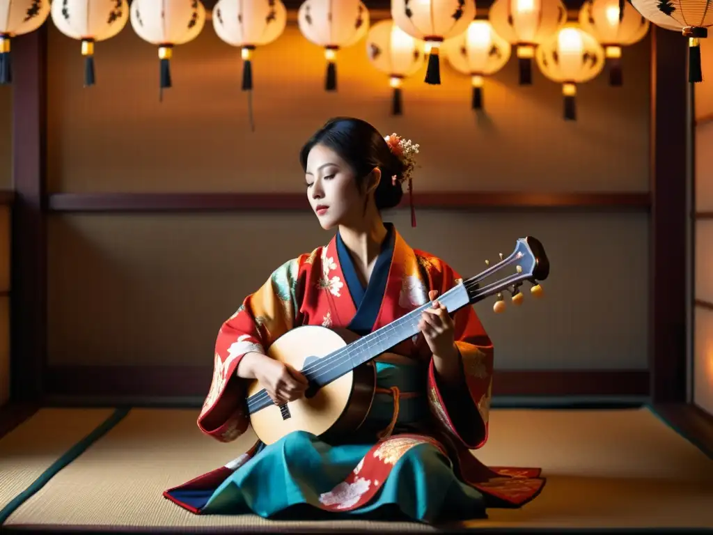 Un músico de shamisen japonés, vistiendo un kimono vibrante, toca con intensidad en una habitación ambientada con papeleras suaves