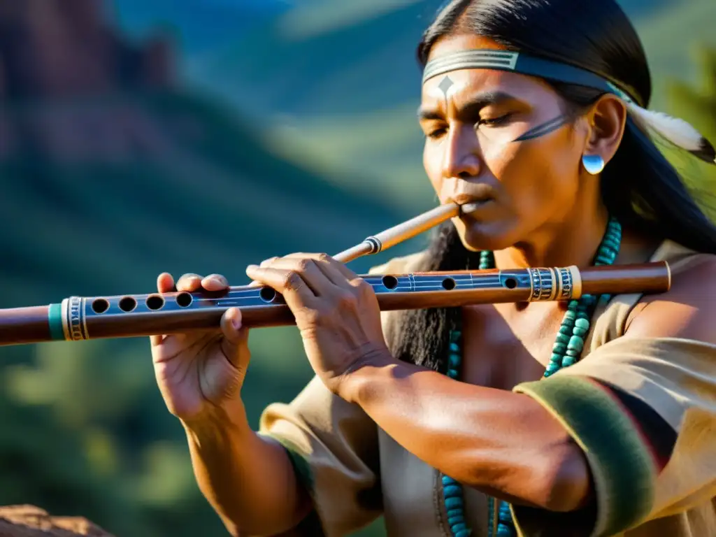 Un músico nativo americano toca una flauta de madera, con detalles tallados y una expresión concentrada