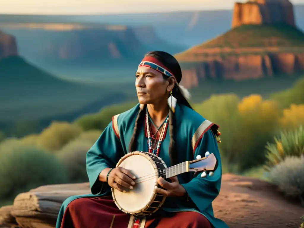 Musico Nativo Americano en Paisaje Cinematográfico Un músico nativo americano toca instrumentos tradicionales en un escenario cinematográfico, reflejando su herencia cultural