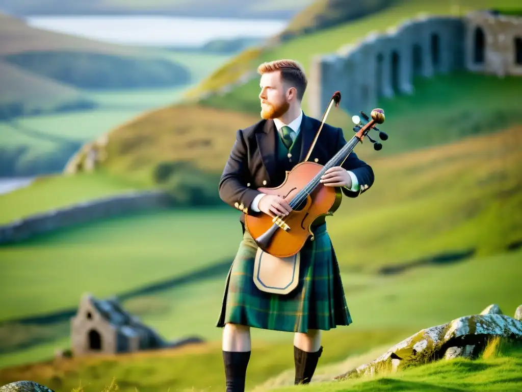 Un músico tradicional irlandés con kilt gaélico, tocando un instrumento celta en un paisaje de colinas verdes y ruinas antiguas