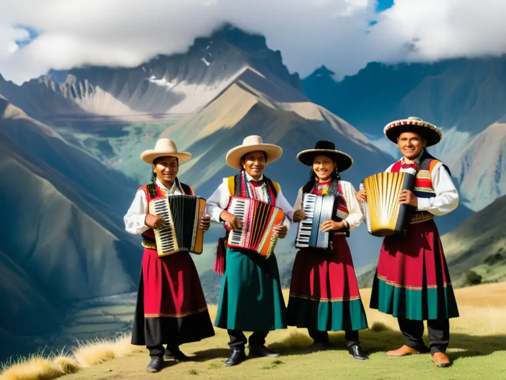 Músicos indígenas de la sierra peruana tocan instrumentos tradicionales frente a los majestuosos picos de los Andes, irradiando pasión y orgullo por su música y herencia cultural