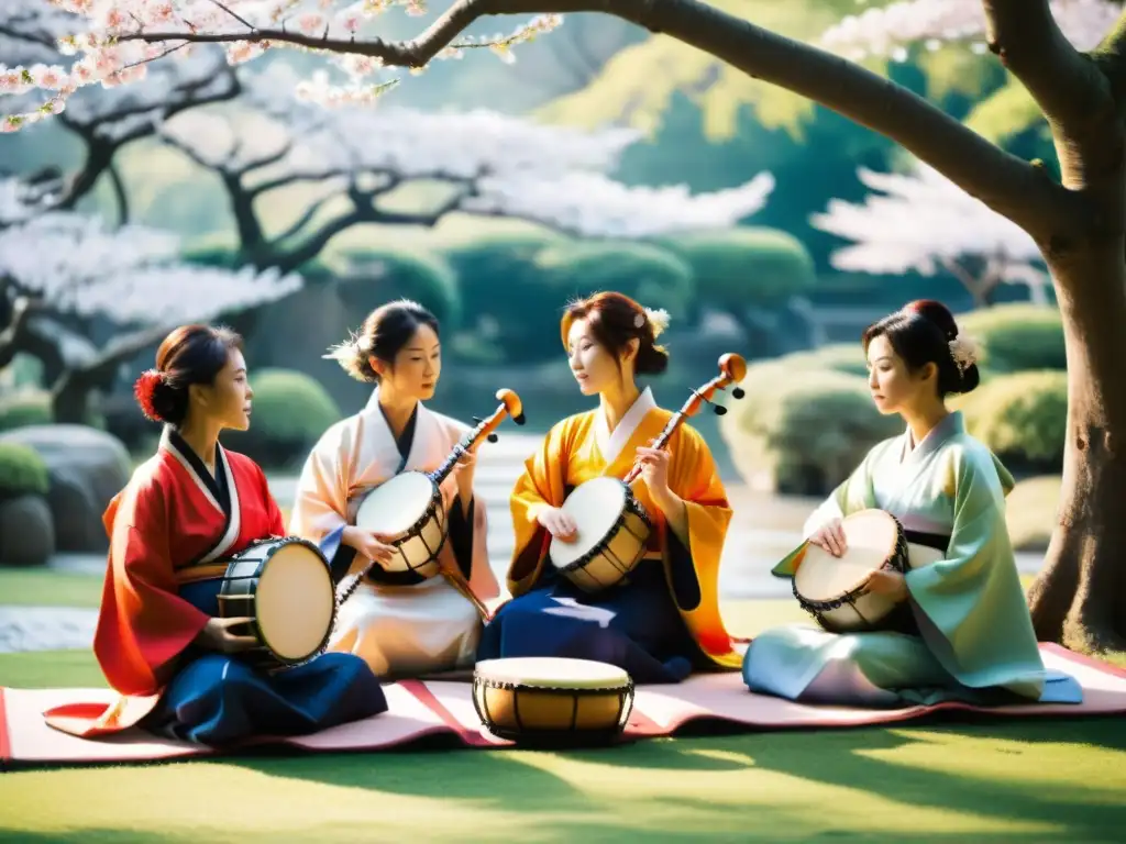 Músicos japoneses tocan instrumentos tradicionales en jardín de cerezos