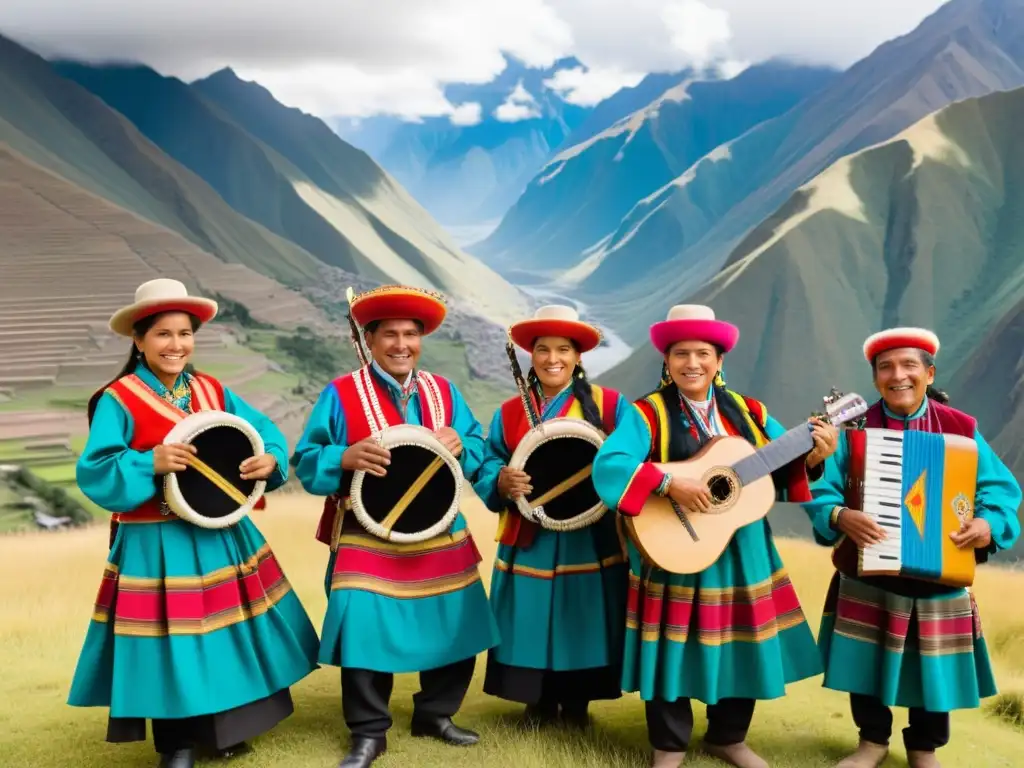 Músicos peruanos tocan música tradicional sierra peruana en los Andes, rodeados de paisajes impresionantes