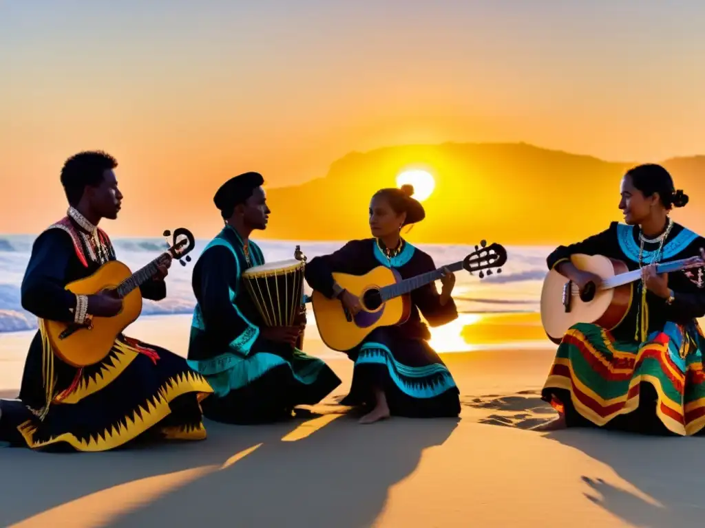 Músicos tradicionales del Pacífico tocando en la playa al atardecer, evocando la evolución musical global