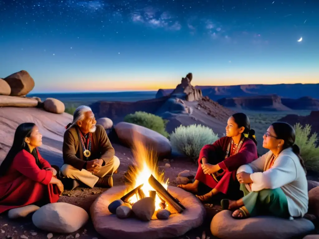 Un narrador de historias nativo americano, rodeado de un público cautivado, en un paisaje nocturno con arte rupestre
