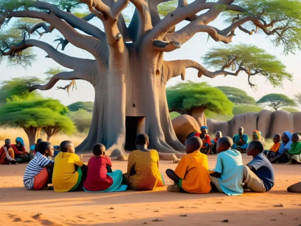 Narradores tradición oral Senegal bajo baobab, cautivan con cuentos a la comunidad