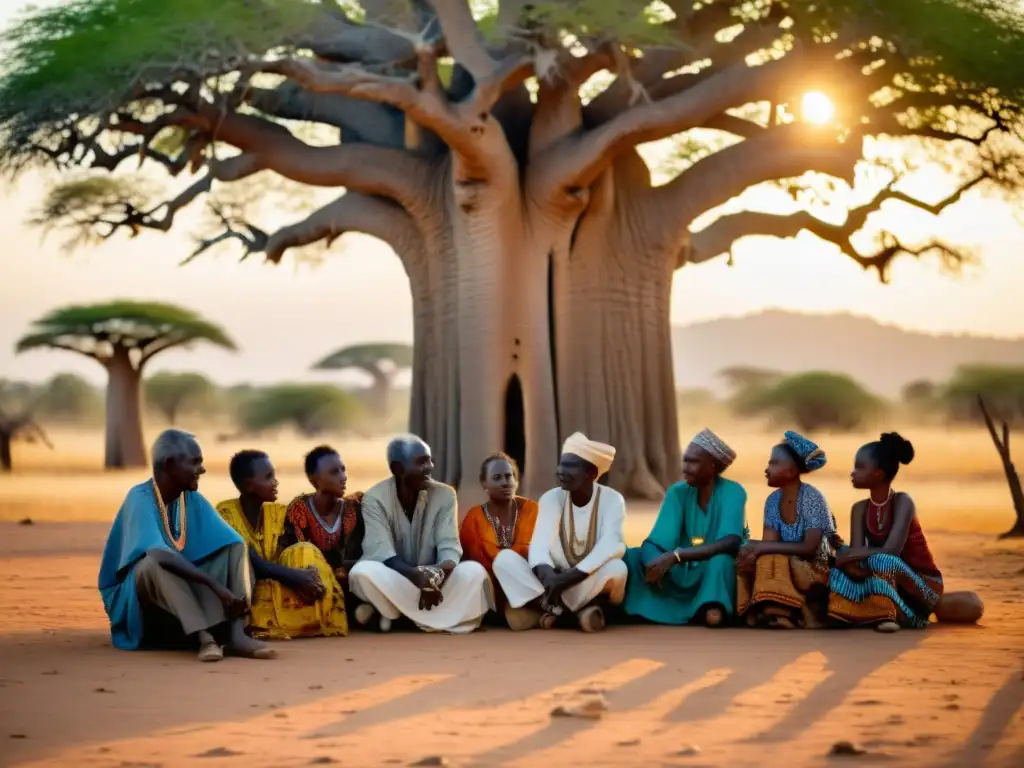 Narradores tradición oral Senegal: Ancianos griots cuentan historias bajo baobab al atardecer, cautivando a niños