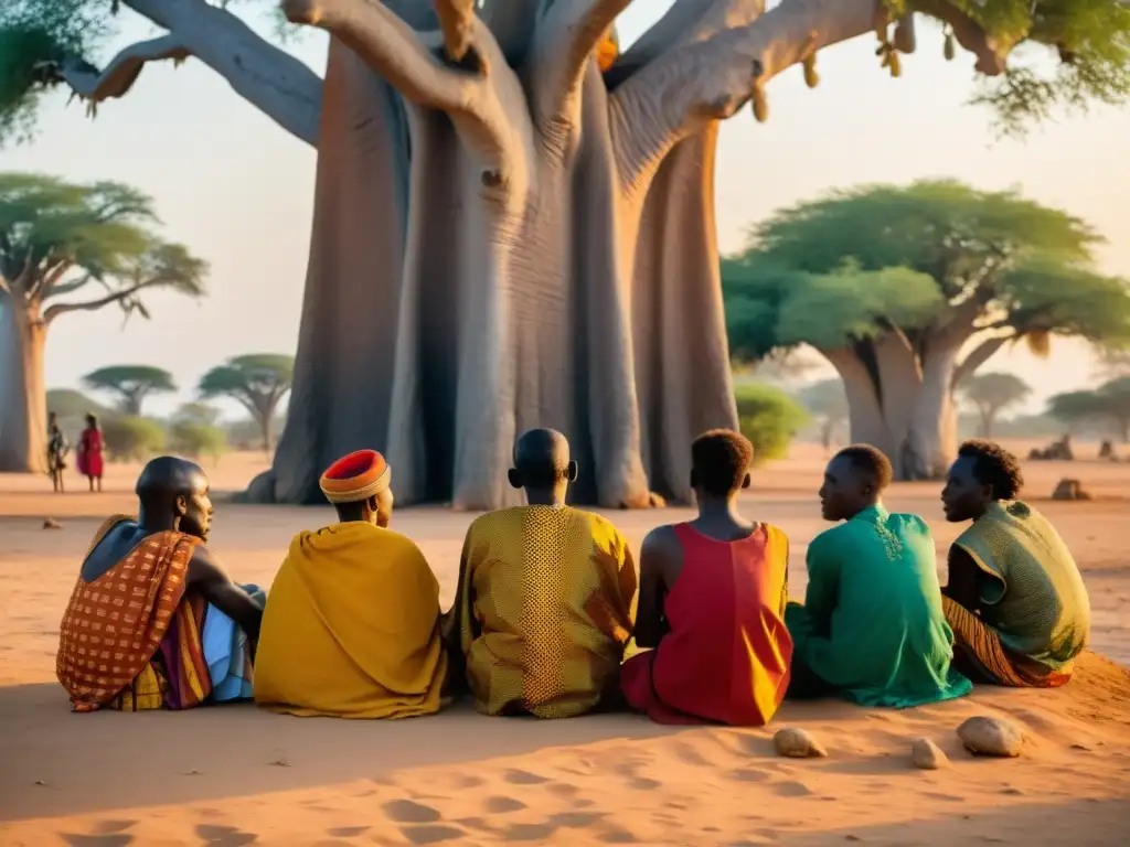 Narradores de tradición oral Senegal comparten cuentos bajo baobab al atardecer