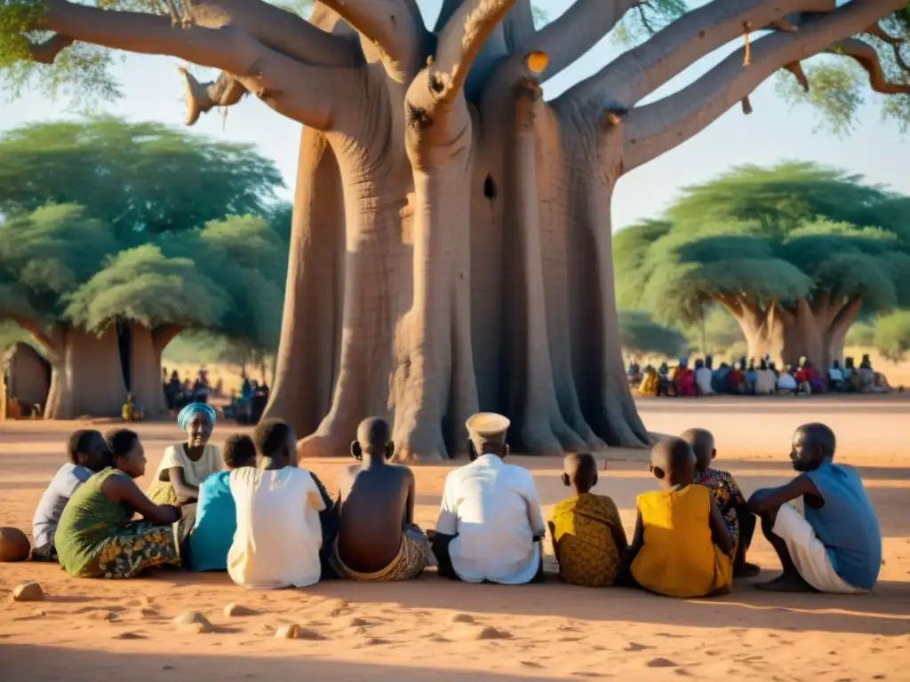 Narradores de tradición oral Senegal cuentan historias bajo baobab, rodeados de niños y adultos