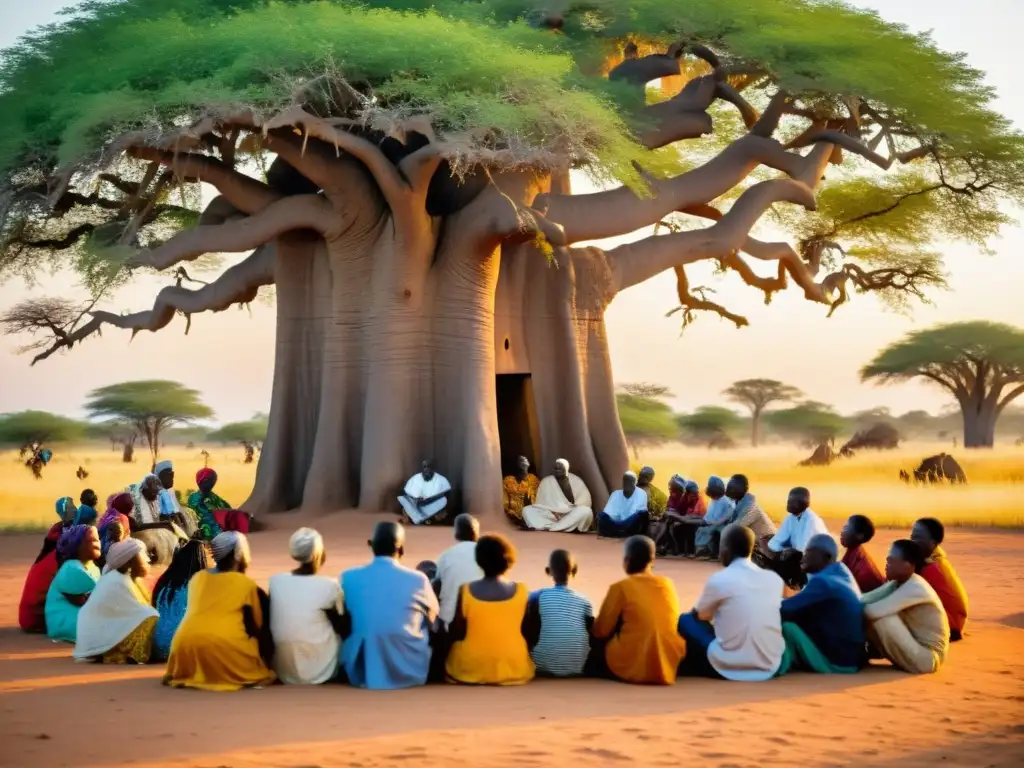 Narradores de tradición oral Senegalesa cautivan a su audiencia bajo un baobab centenario al atardecer