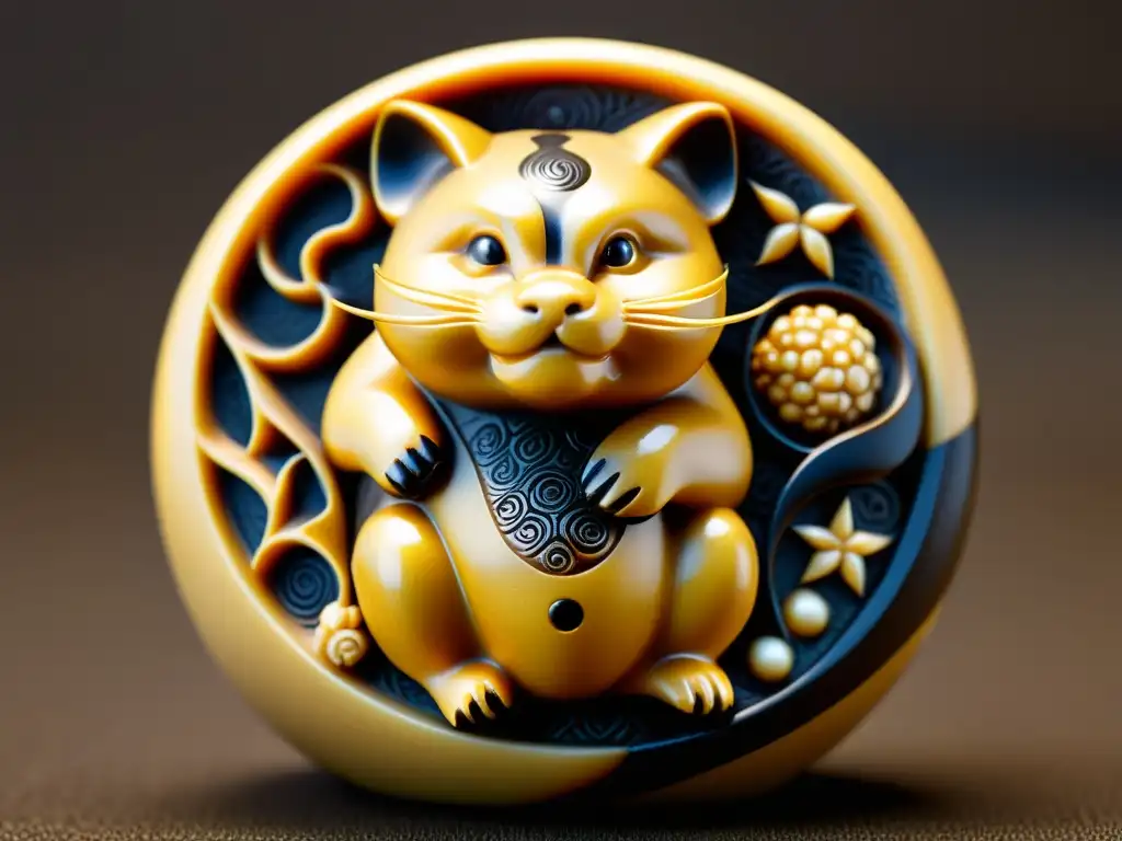 Una netsuke tradicional japonesa tallada en madera oscura, con detalles intrincados y expresiones faciales sutiles