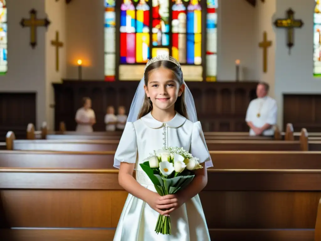 Una niña en su Primera Comunión, rodeada de familiares y amigos en la iglesia, crea un ambiente reverente y especial