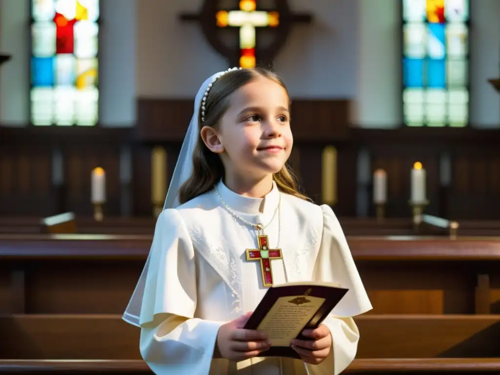 Una niña en su Primera Comunión, rodeada de serenidad y amor en una iglesia iluminada por vitrales