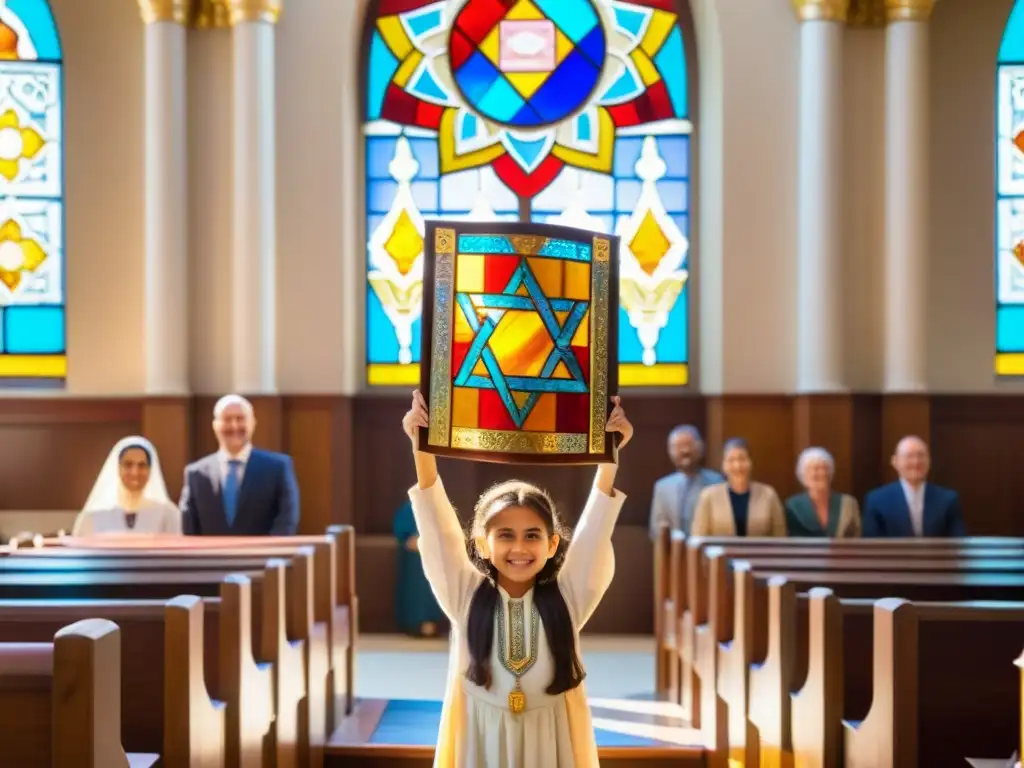 Una niña sostiene con reverencia un pergamino de la Torá en su Bat Mitzvá, rodeada de familia y amigos en una sinagoga bellamente decorada