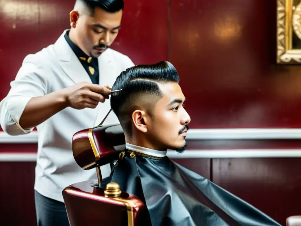 Un niño se corta el cabello en una barbería tradicional asiática, rodeado de decoración roja y dorada