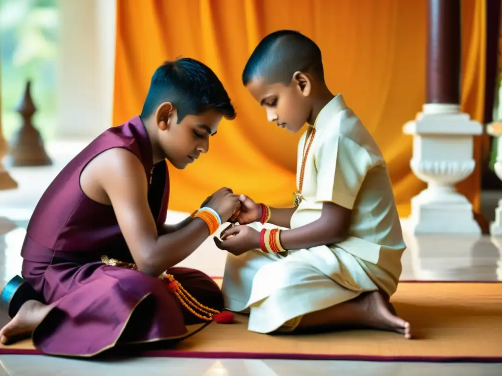 Niño en ceremonia del Hilo Sagrado Upanayana, atuendo tradicional, rito solemne y vibrante