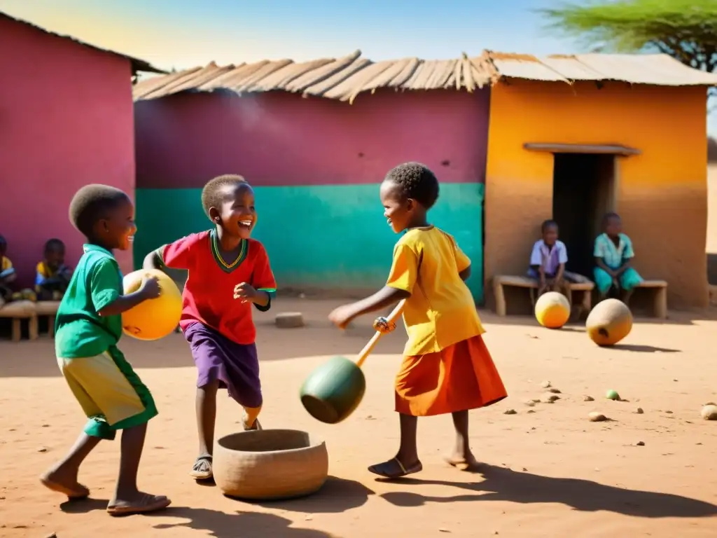 Niños disfrutan de juegos tradicionales en una animada aldea africana, resaltando el rol social y la riqueza cultural en África Francófona