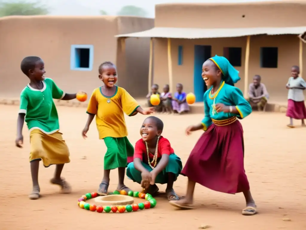 Niños disfrutan juegos tradicionales en animado mercado africano, mostrando rol social en África Francófona