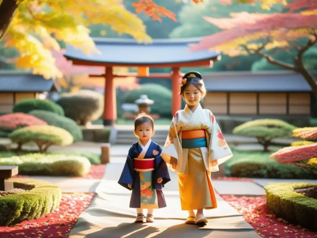 Niños con kimonos en jardín japonés, recibiendo bendiciones de ShichiGoSan