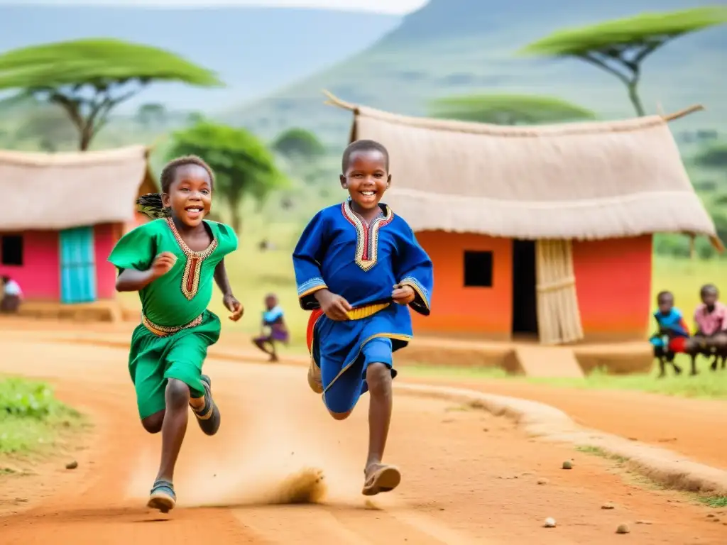 Niños disfrutando de pasatiempos tradicionales infantiles en África Francófona, con juegos, vestimenta colorida y expresiones alegres