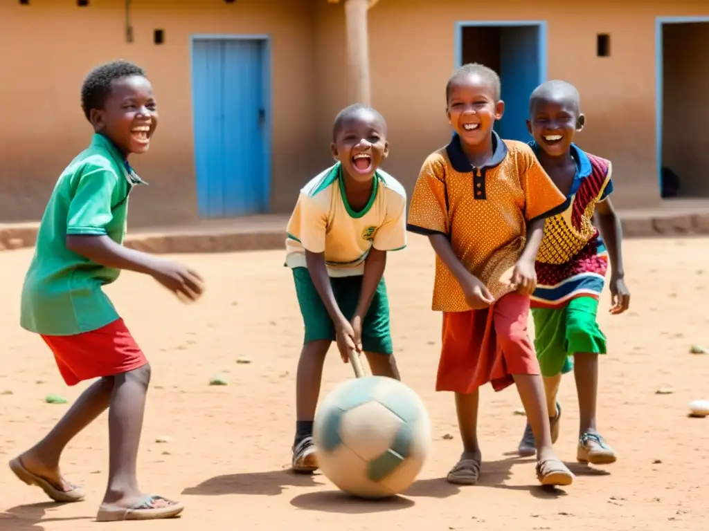 Niños disfrutando de pasatiempos tradicionales infantiles en África Francófona, jugando con una pelota casera en una plaza polvorienta al atardecer