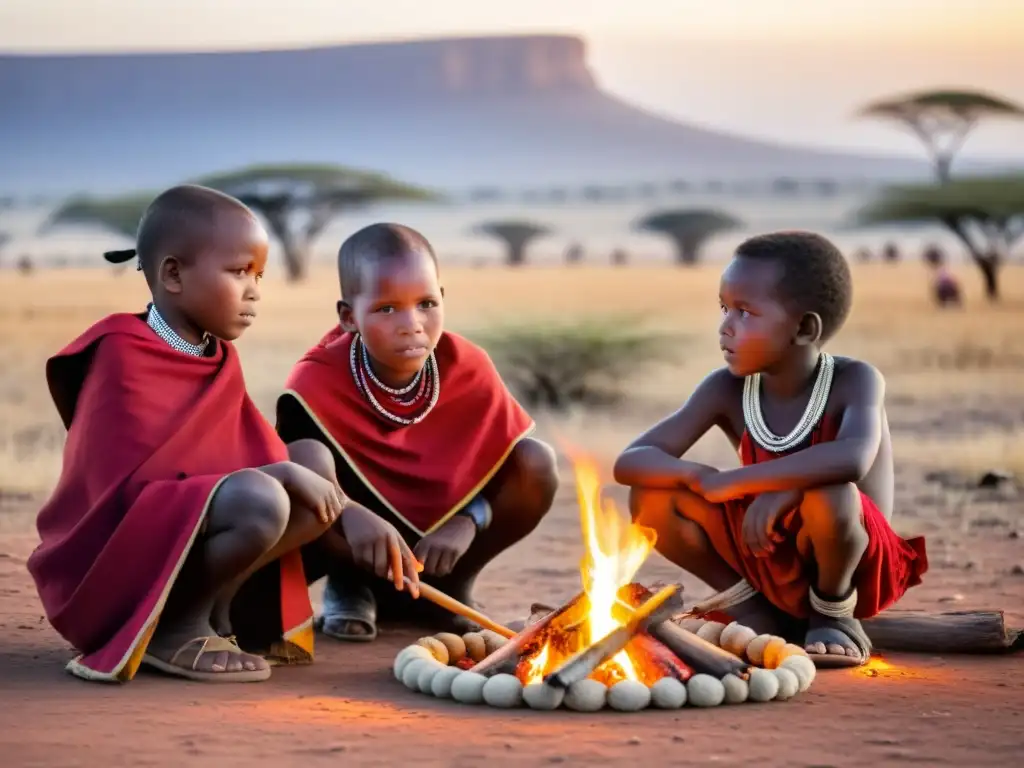 Niños Masái aprenden ritos de iniciación junto al fuego al amanecer en la sabana africana