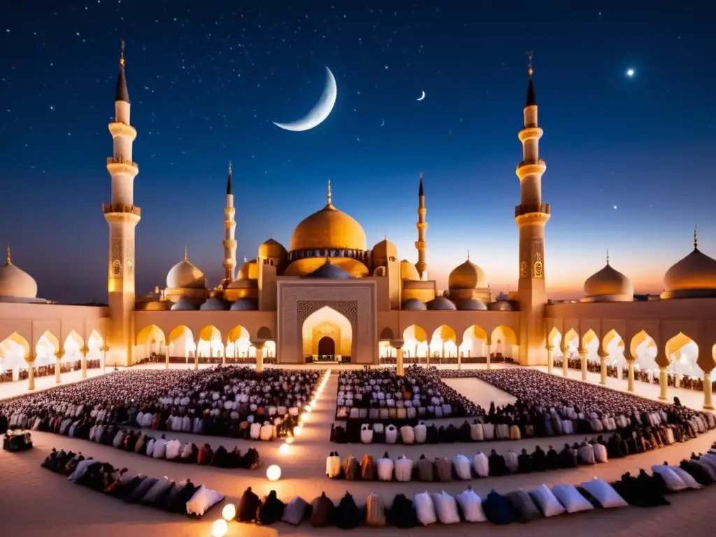 Una noche serena en el Medio Oriente, la luna creciente brilla sobre una mezquita, destacando la importancia de la Luna en Celebraciones Islámicas