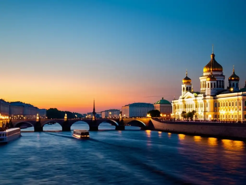 Noches Blancas en San Petersburgo, Rusia: majestuoso brillo dorado de la ciudad al medianoche, reflejado en el río Neva