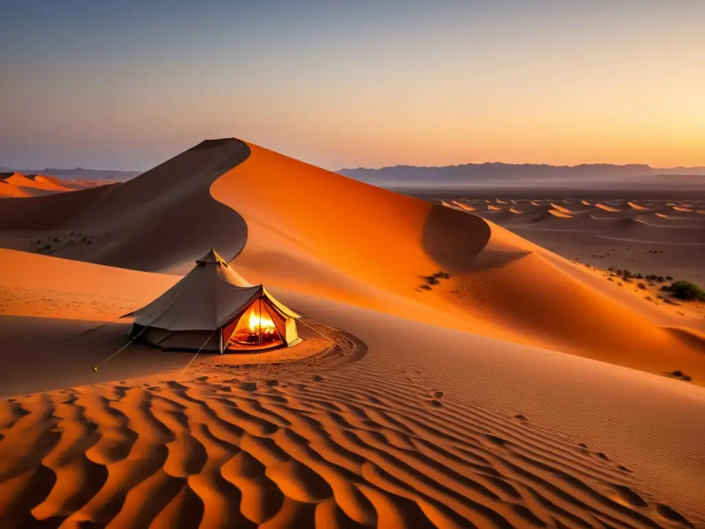 Vivir como un nómada en caravanas: Atardecer en el desierto, tienda beduina iluminada por la cálida luz, gente alrededor de la fogata