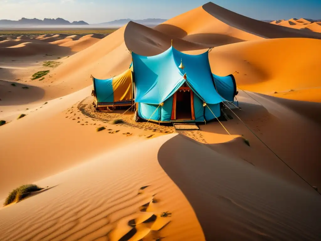 Vivir como un nómada en caravanas en un desierto dorado y vasto, bajo un cielo azul infinito