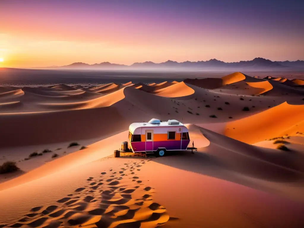 Vivir como un nómada en caravanas en un deslumbrante atardecer en el desierto, con una sensación cálida y comunitaria