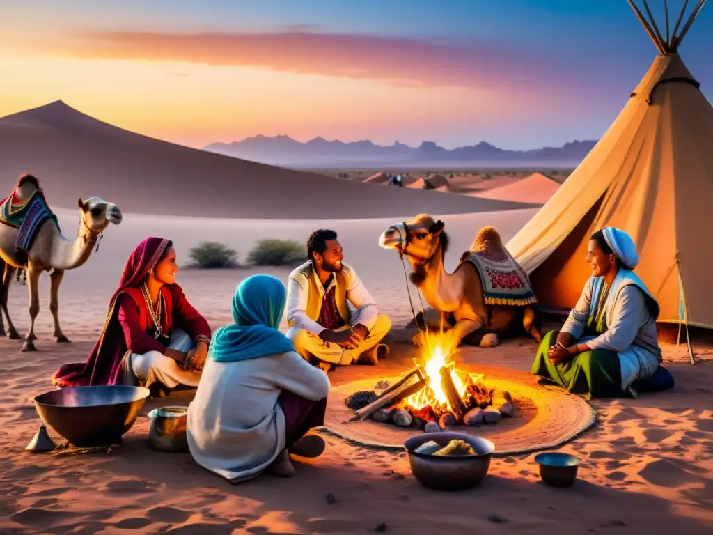 Vivir como un nómada en caravanas: grupo de personas alrededor de fogata en el desierto con tiendas coloridas y camellos al atardecer