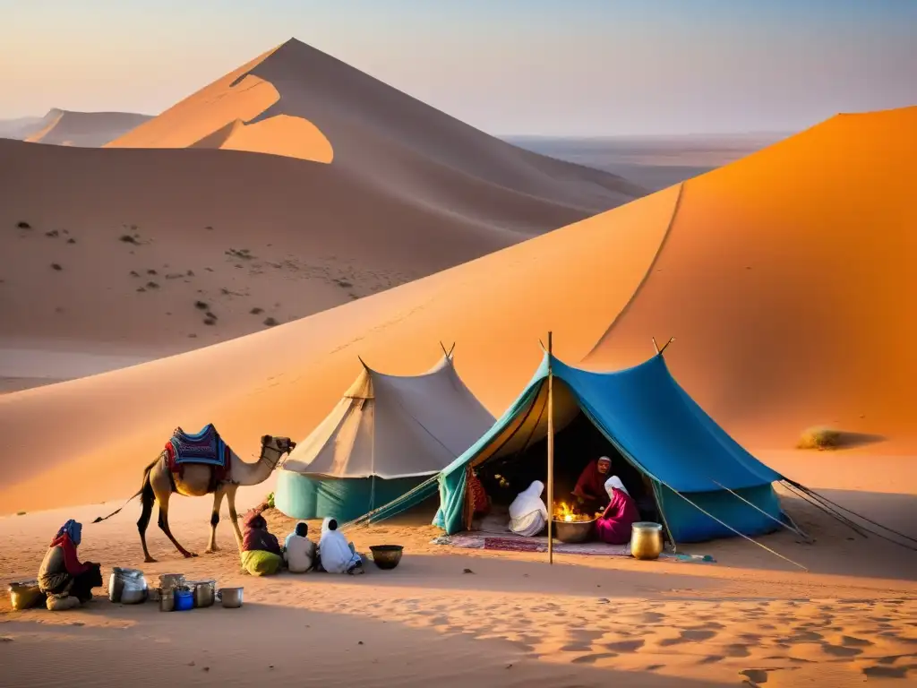 Vivir como un nómada en caravanas: mujeres preparando comida, camellos cargados y tiendas beduinas al amanecer en el desierto dorado