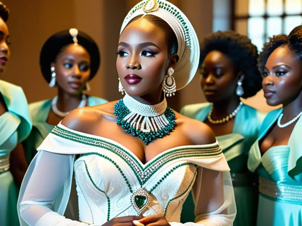 Boda tradicional africana: vestido de novia exquisitamente bordado Una novia ataviada con un impresionante vestido de boda africano, rodeada de mujeres en trajes tradicionales