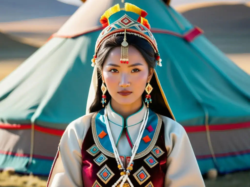 Una novia Buriat con atuendo de boda tradicional y paisaje de estepa mongol al fondo, simbolizando los rituales de matrimonio en Buriatia