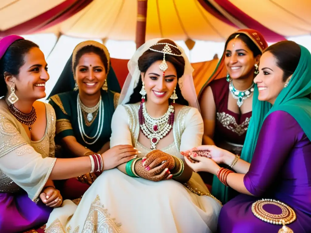 Una novia bereber con henna y joyas tradicionales rodeada de mujeres en vibrantes vestidos, en una tienda ricamente decorada