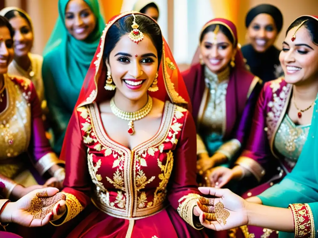 Una novia musulmana con un vestido de bodas rojo y dorado, rodeada de mujeres en un ritual nupcial único