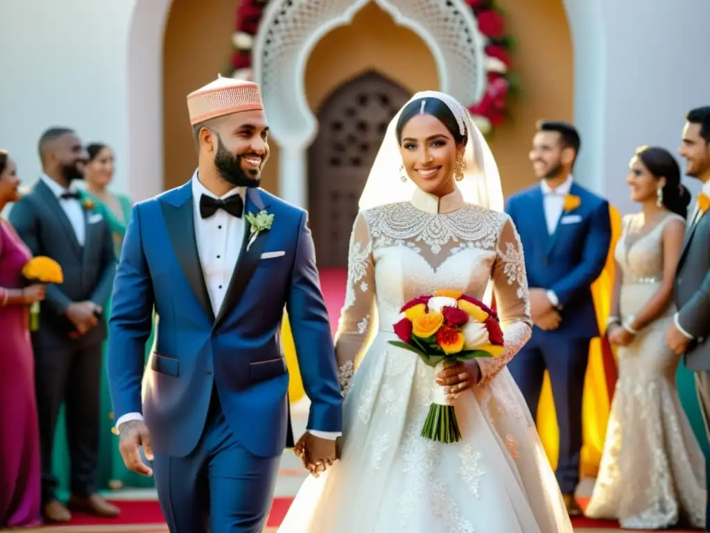 Una novia y un novio se paran juntos, ella con un hermoso vestido de novia blanco y un delicado hijab de encaje, y él con un traje elegante